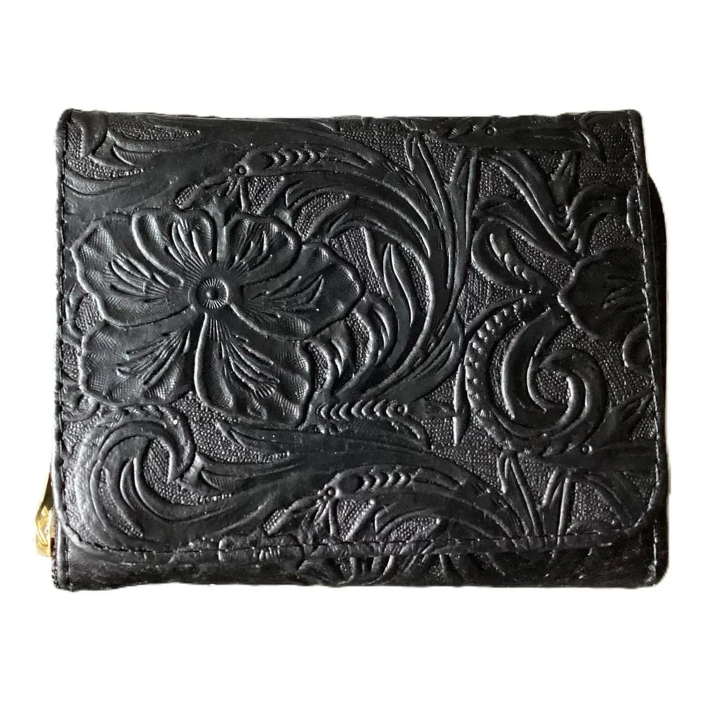 Hand-chiselled leather wallet – "Guanajuato Floral" model, black