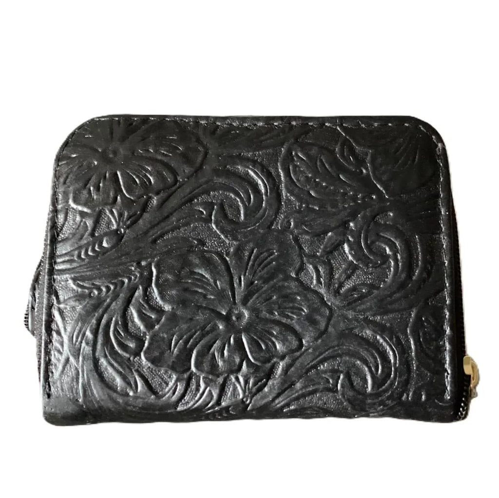 Hand-chiselled leather wallet – "Guanajuato Floral" model, black