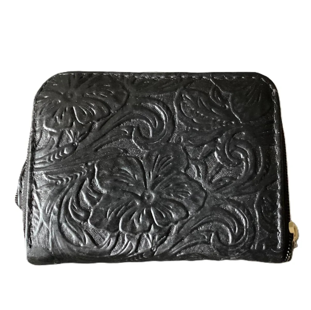 Hand-chiselled leather wallet – "Guanajuato Floral" model, black
