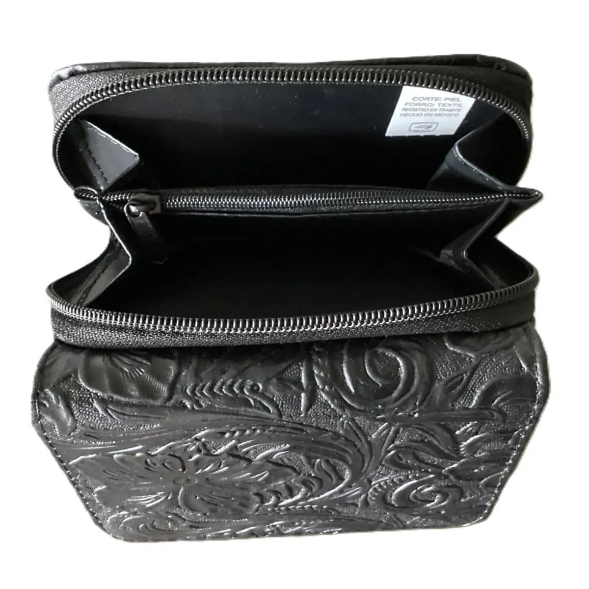 Hand-chiselled leather wallet – "Guanajuato Floral" model, black