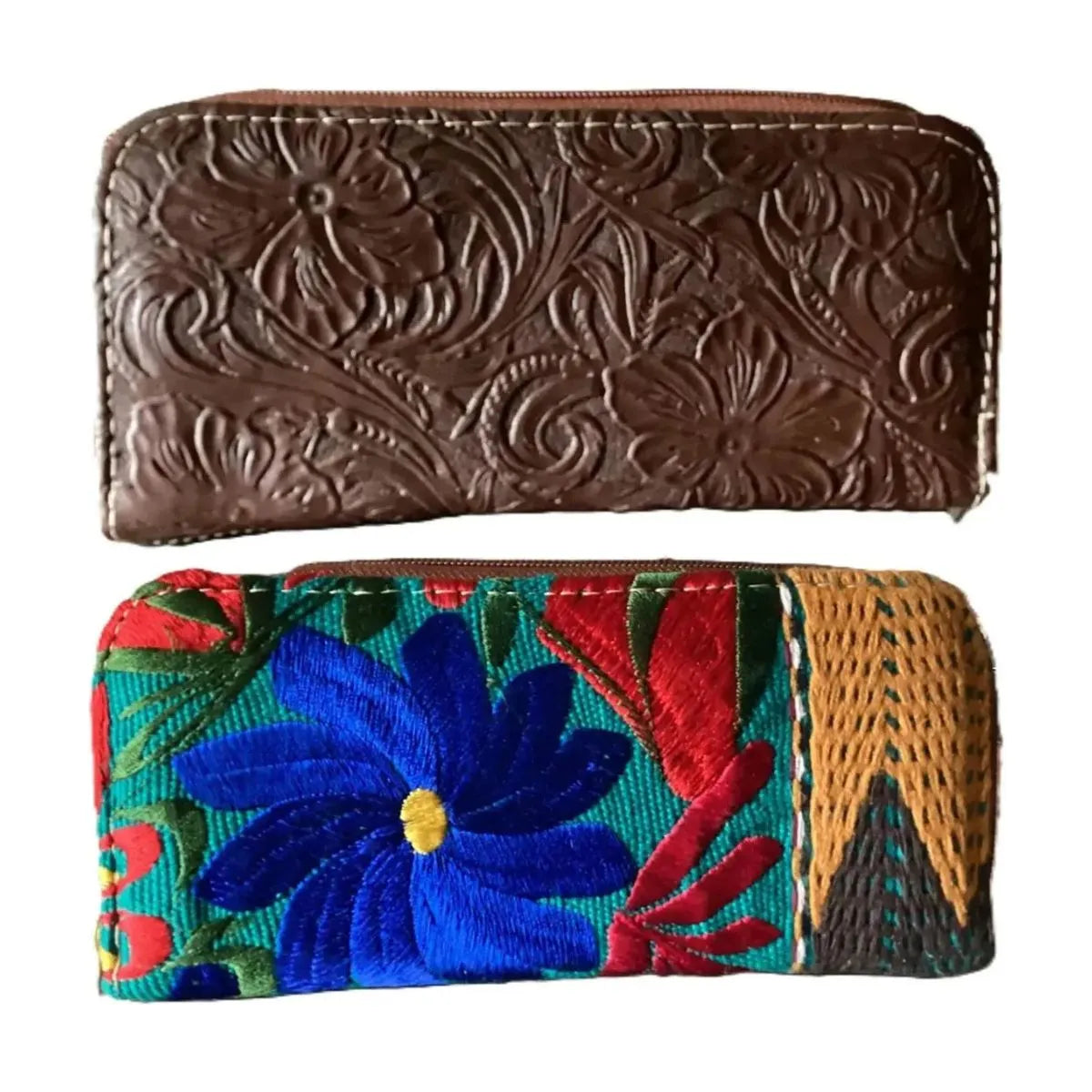 Double Shoulder Bag: Leather and Woven Fabric