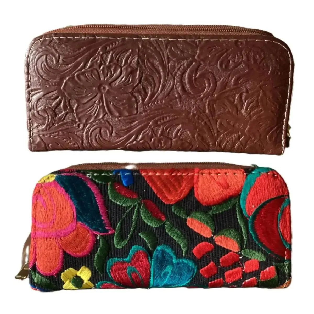 Double Shoulder Bag: Leather and Woven Fabric