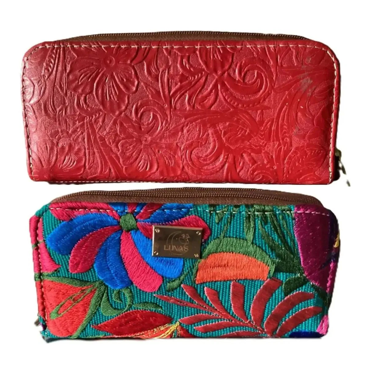 Double Shoulder Bag: Leather and Woven Fabric