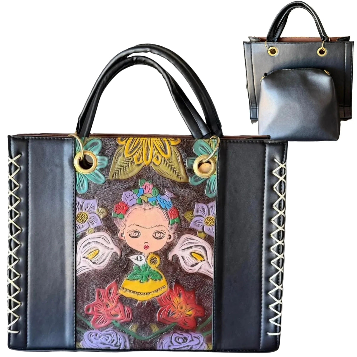 Hand-Painted Leather Tote Bag - LunaArtesanal