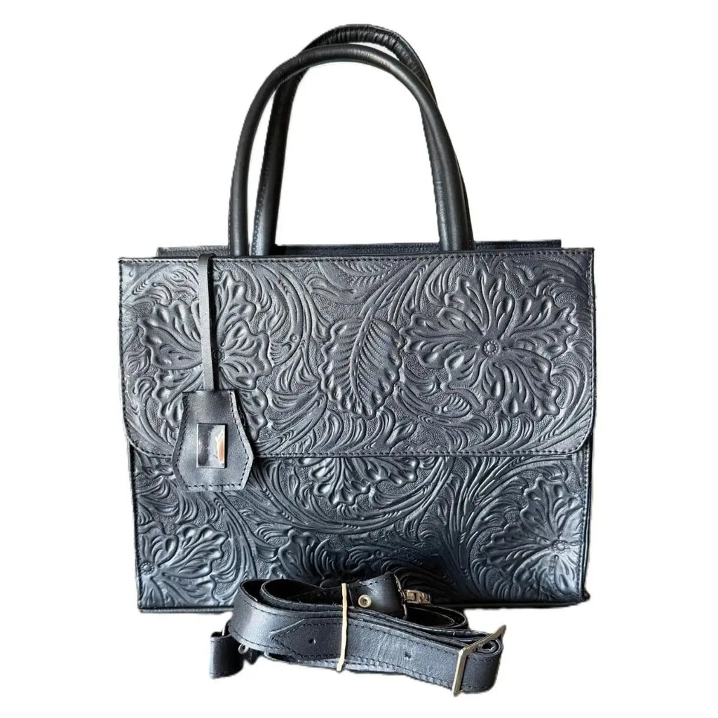 Black Rectangular Bag with Three Compartments and Embossed Design