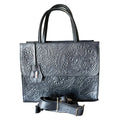 Black Rectangular Bag with Three Compartments and Embossed Design