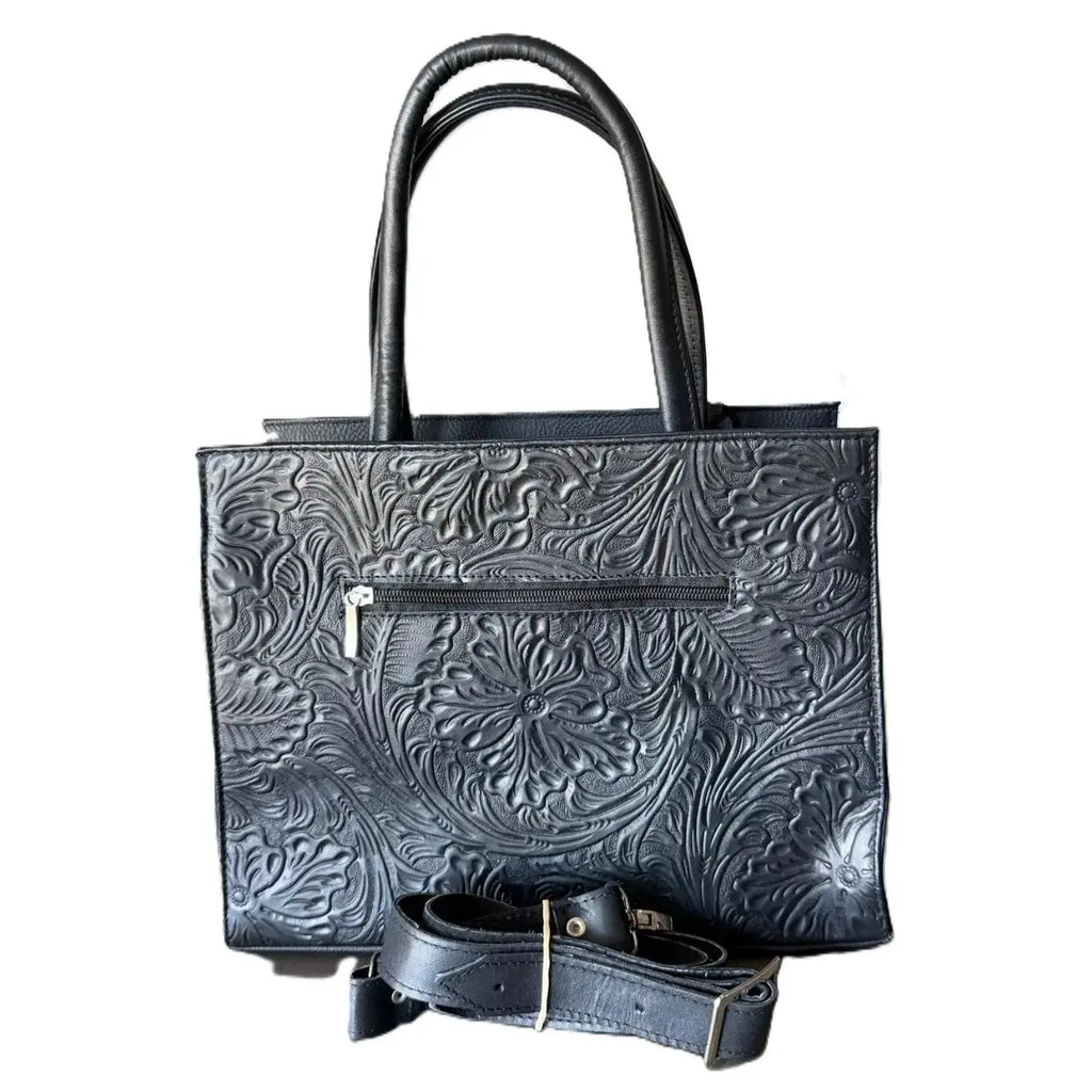 Black Rectangular Bag with Three Compartments and Embossed Design