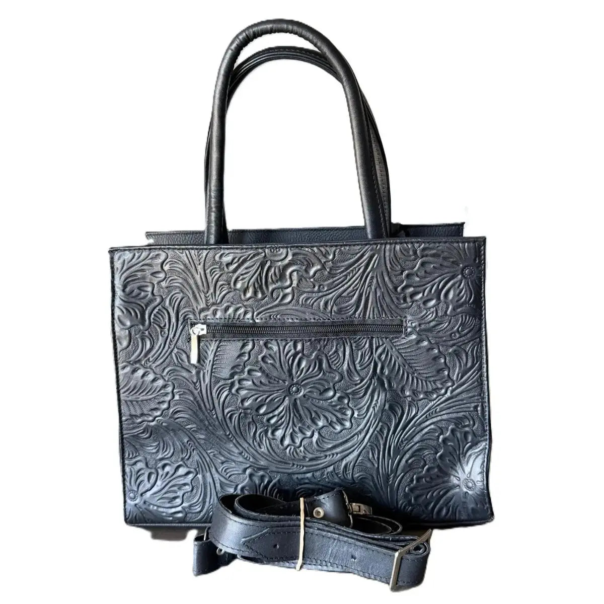 Black Rectangular Bag with Three Compartments and Embossed Design