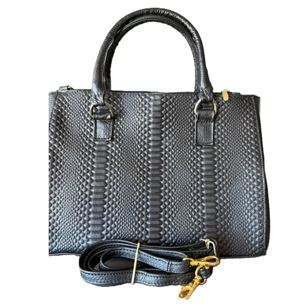 Rectangular Black Leather Bag - Chiseled Panel