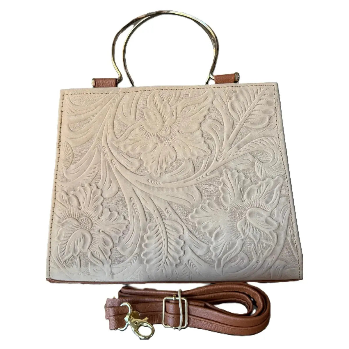 White Trapezoidal Bag with Metal Handles and Engraved Details