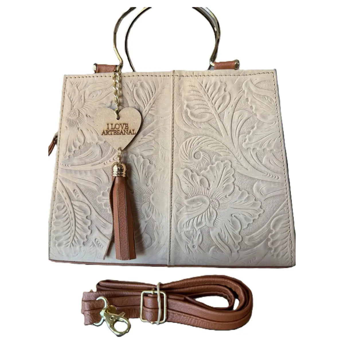 White Trapezoidal Bag with Metal Handles and Engraved Details