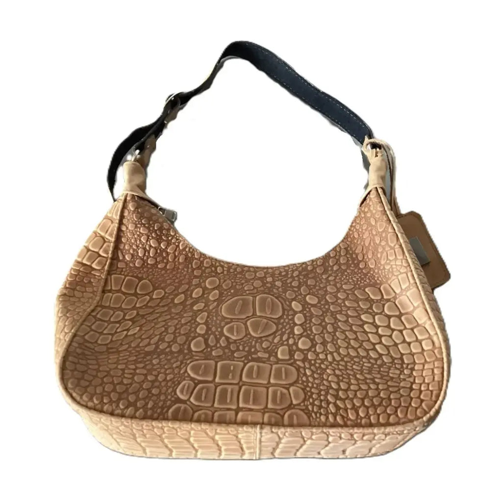 Beige "Hobo" Bag with Crocodile Embossing and Concave Profile