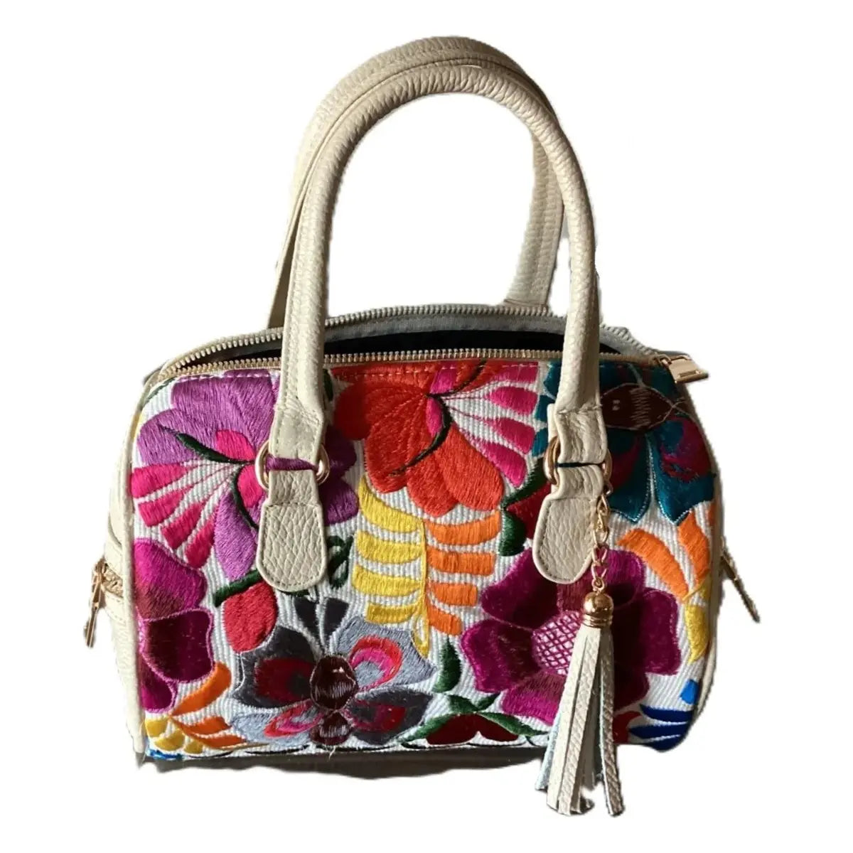 Rectangular White Leather Bag with Weave and Side Pockets
