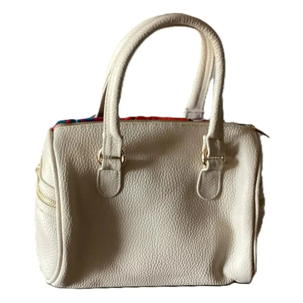 Rectangular White Leather Bag with Weave and Side Pockets