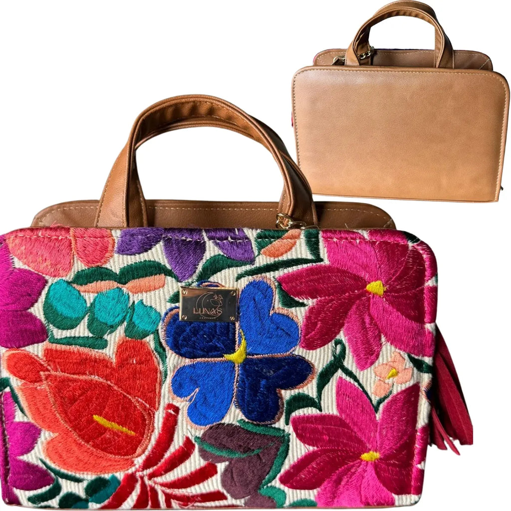 Rectangular Vegetable-Tanned Leather Bag with Chiapas Weaving