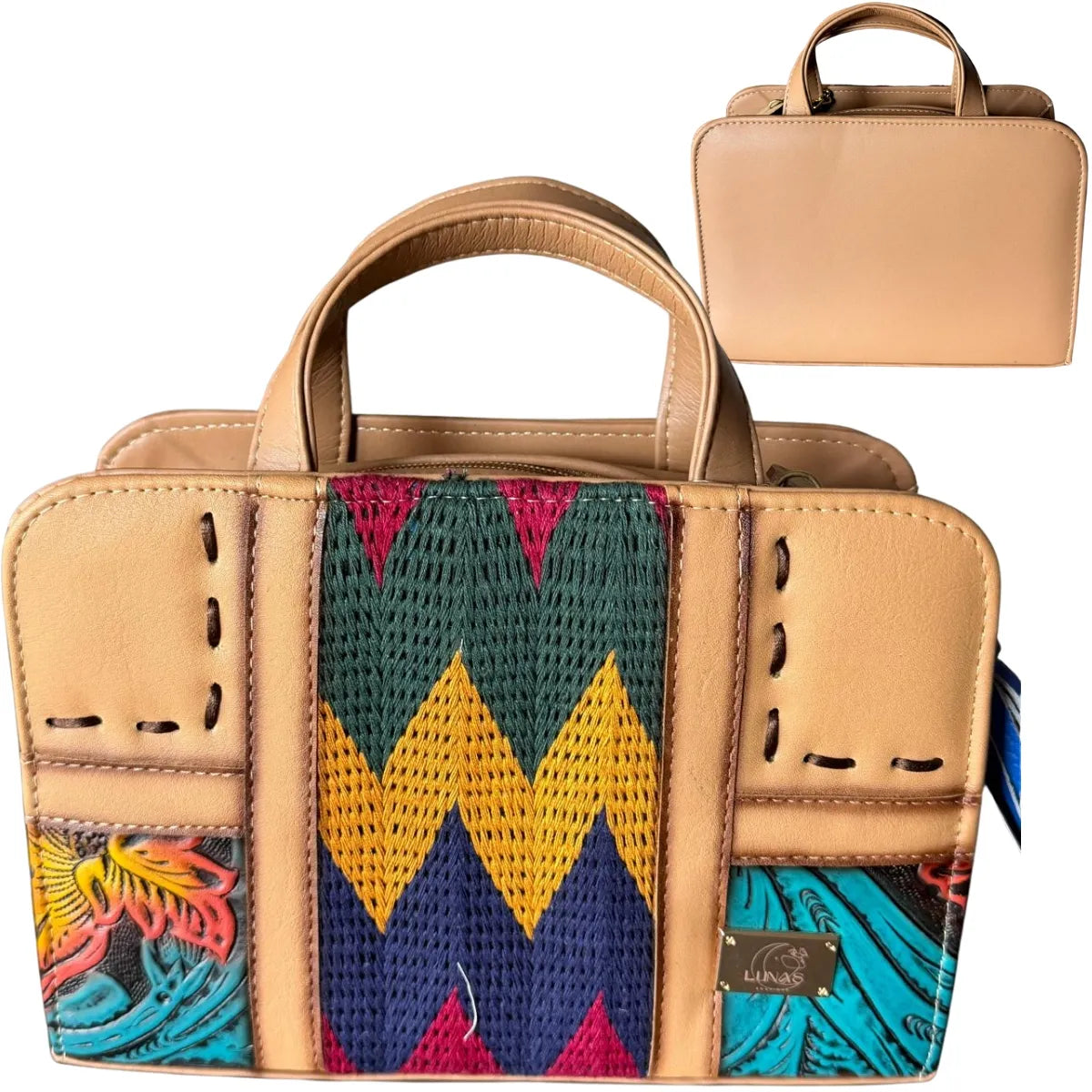 Rectangular Vegetable-Tanned Leather Bag with Chiapas Weaving