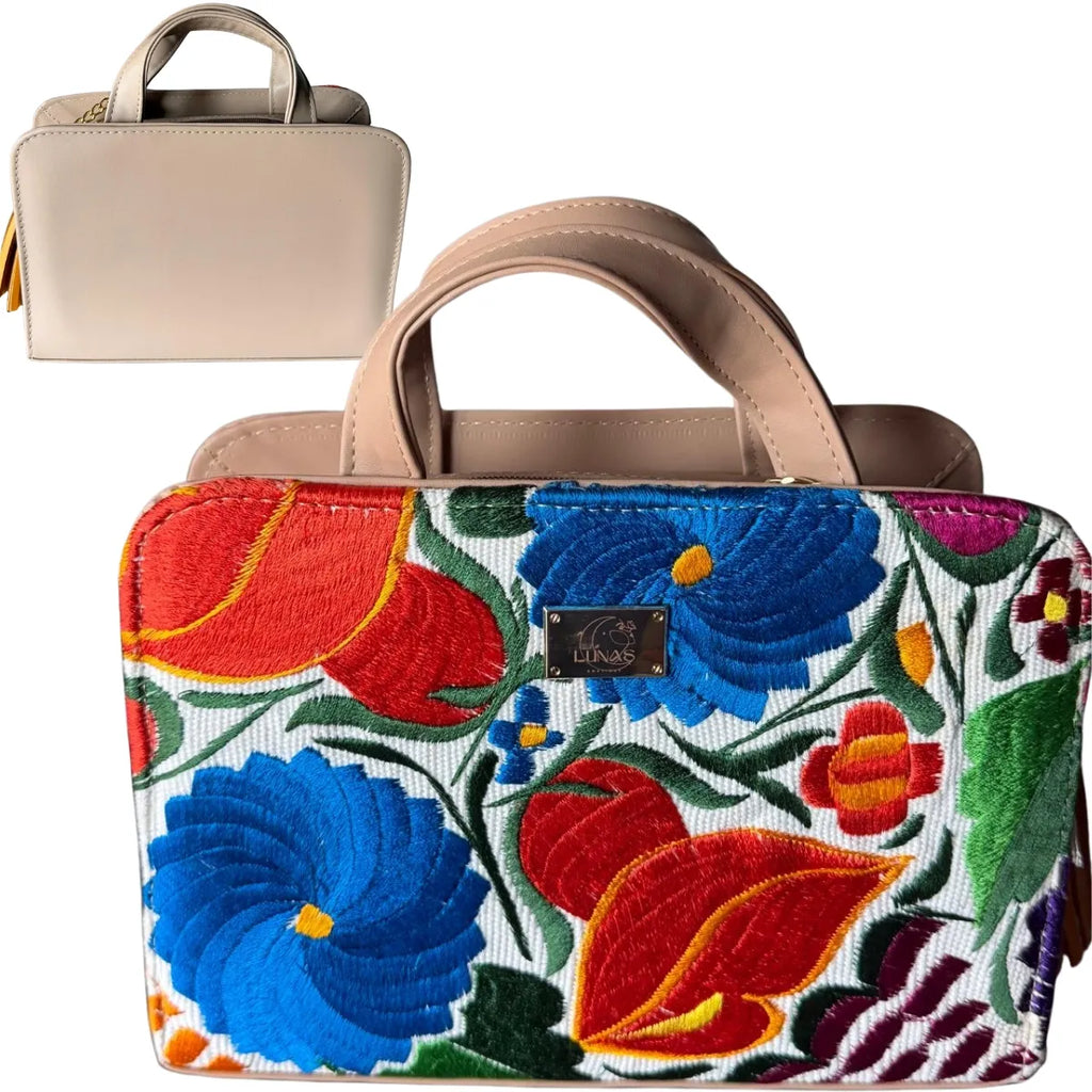 Rectangular Vegetable-Tanned Leather Bag with Chiapas Weaving