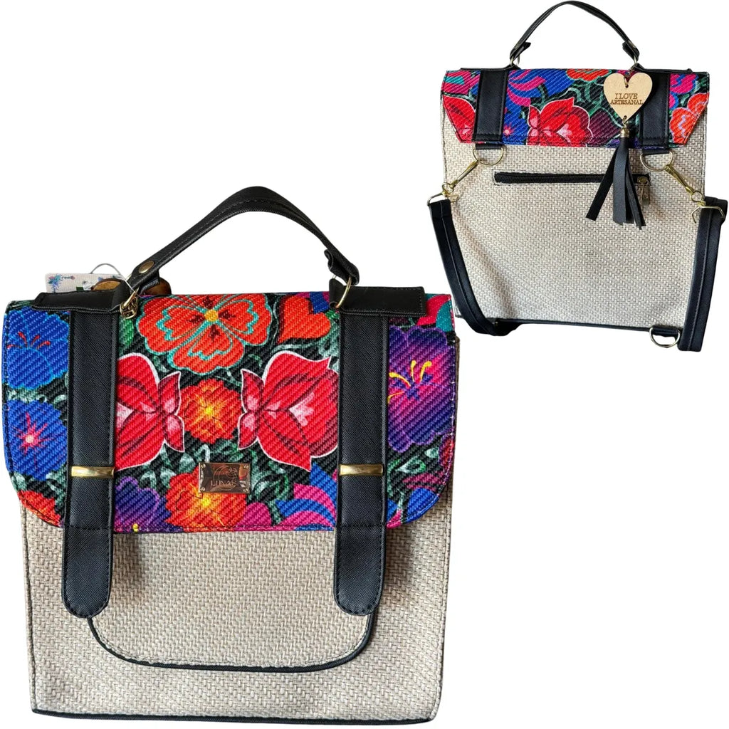 "Jute" Leather Backpack with Handcrafted Fabric Panel
