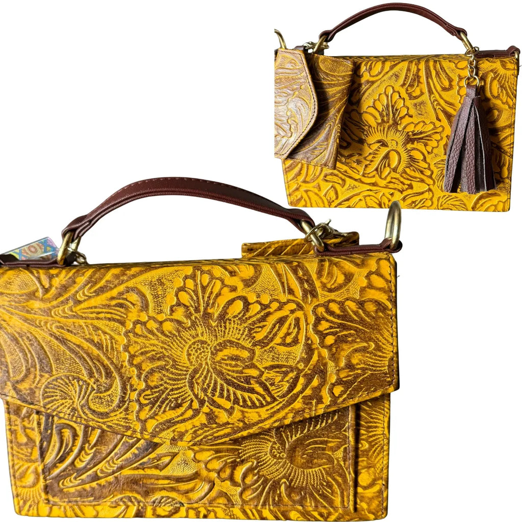 "Pachuca" Crossbody Bag - Embossed Leather with Two Compartments