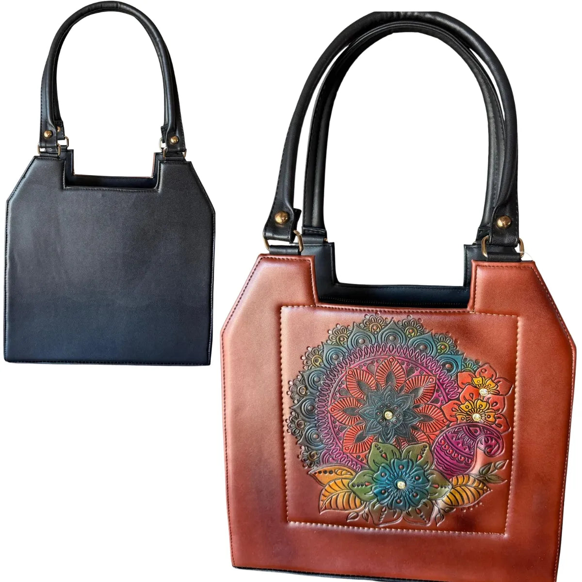 Hand-Brushed Vegan Leather Bag - Floral Design and Three Compartments