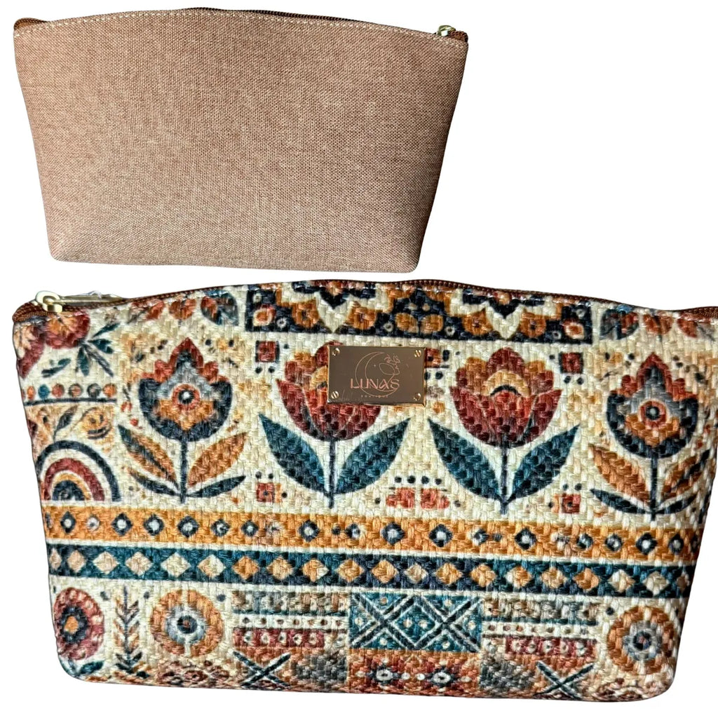 "Double View" Jute Cosmetic Bag - Handcrafted Floral Design