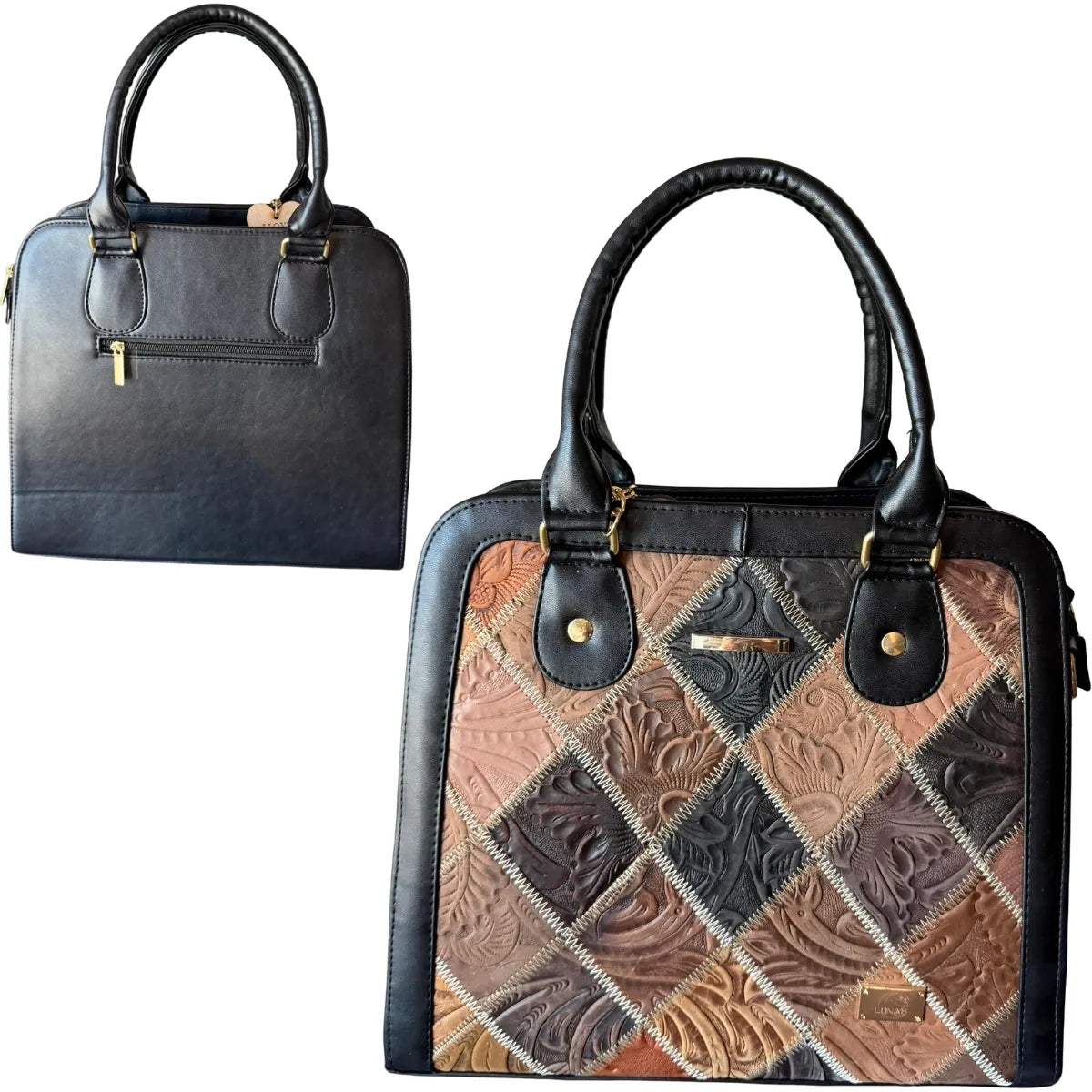 Black Embossed Leather Bag with Three Compartments
