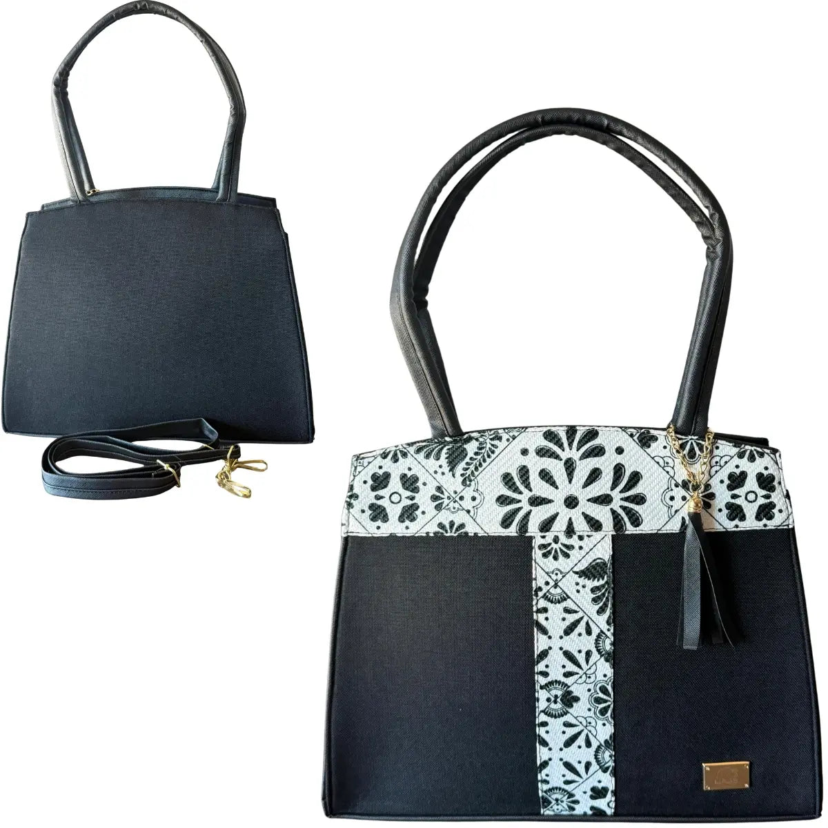 "Mosaic Elegance" Tote Bag - Black Structural Design