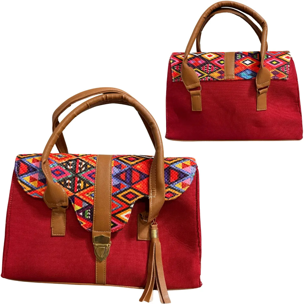 Red Clutch Bag with Geometric Design and Tassel