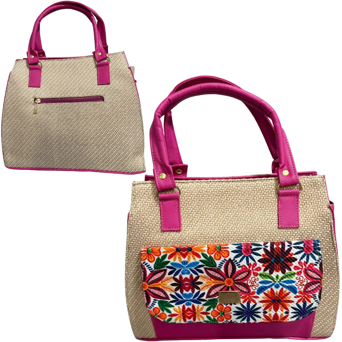 Handcrafted Beige Bag with Floral Embroidery and Fuchsia Accents