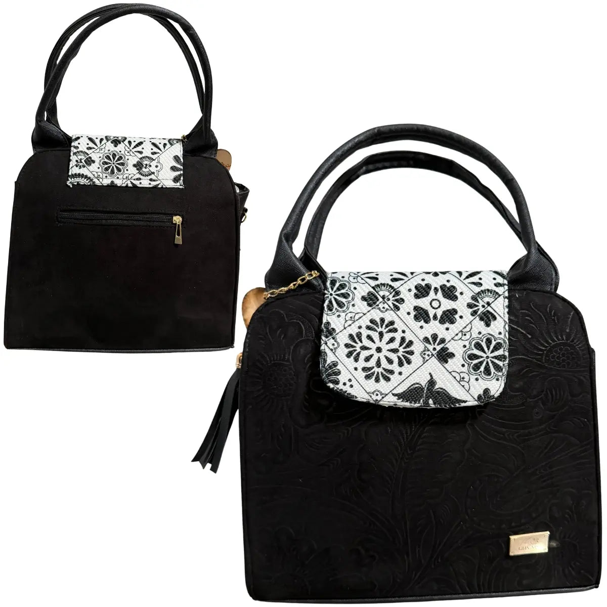 Black Bag with Floral Embroidery and Handcrafted Flap