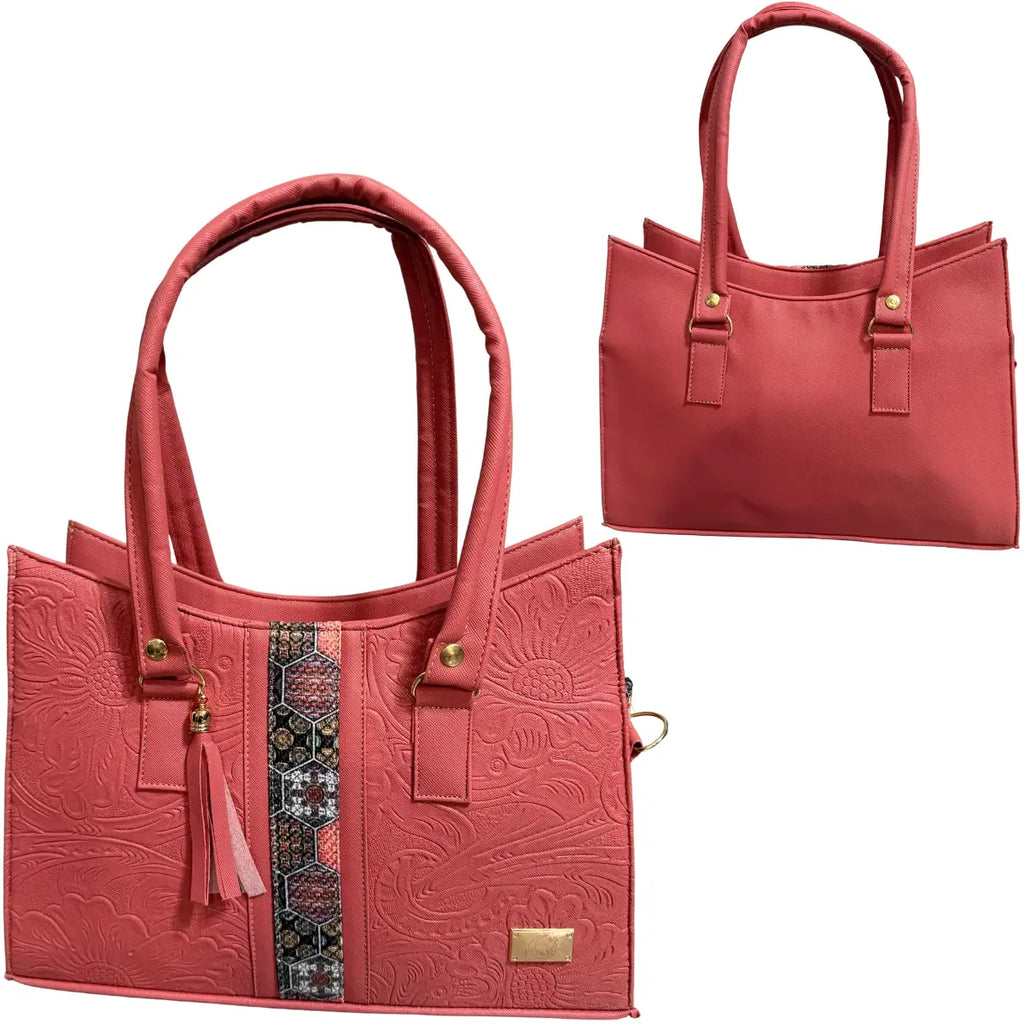 Handcrafted Tote Bag with Floral Embroidery and Geometric Stripes