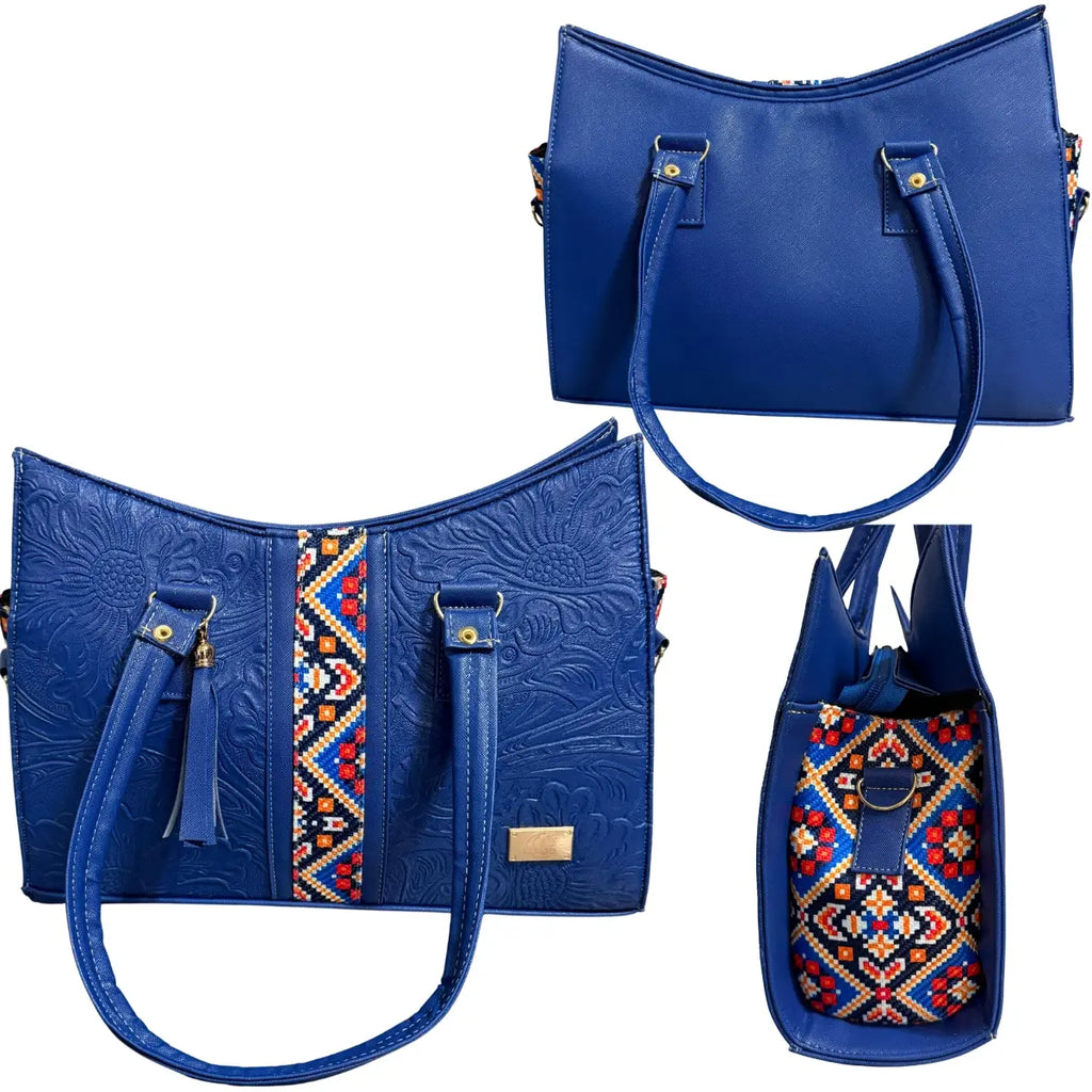 Handcrafted Tote Bag with Floral Embroidery and Geometric Stripes