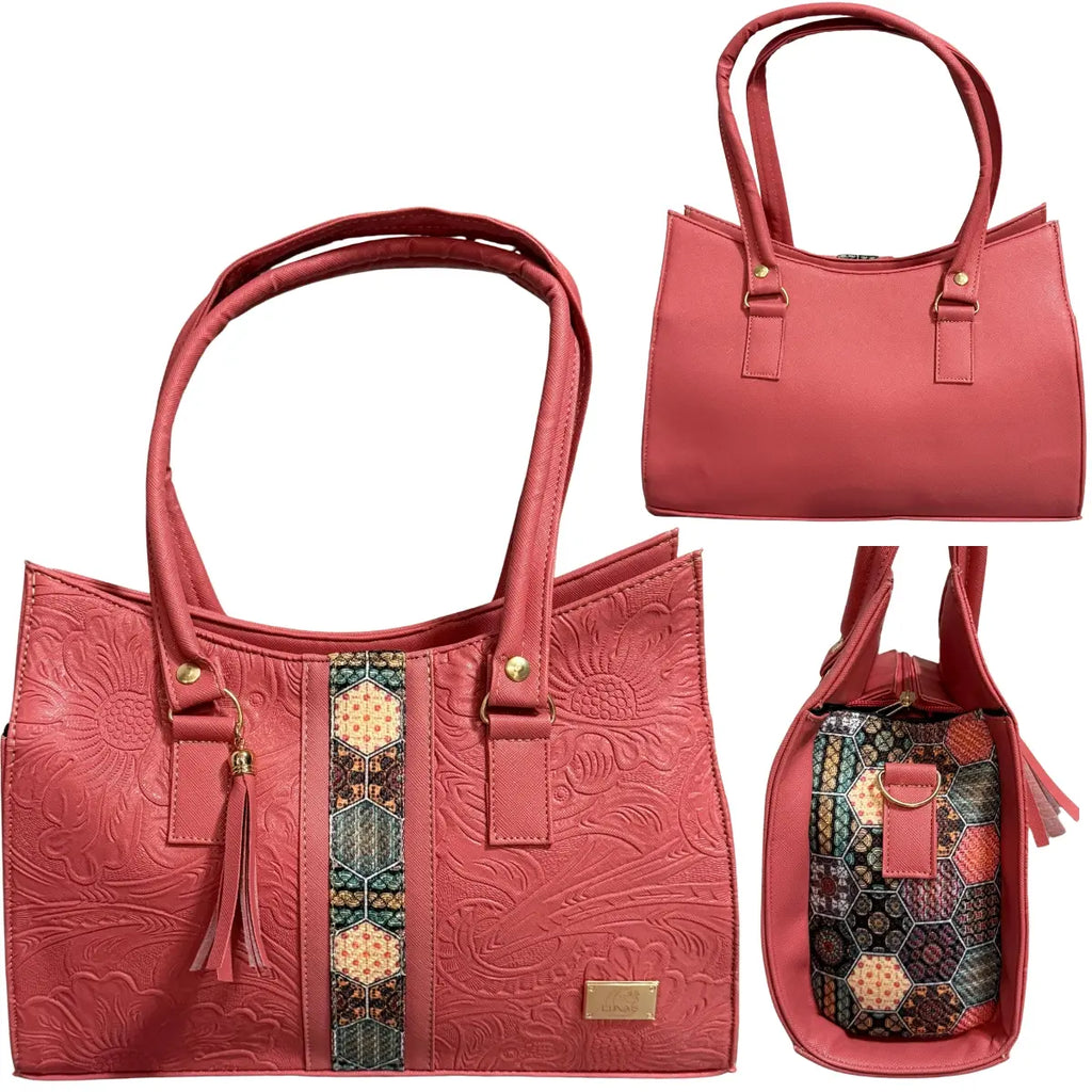 Handcrafted Tote Bag with Floral Embroidery and Geometric Stripes