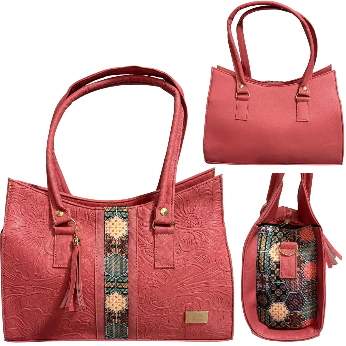 Handcrafted Tote Bag with Floral Embroidery and Geometric Stripes