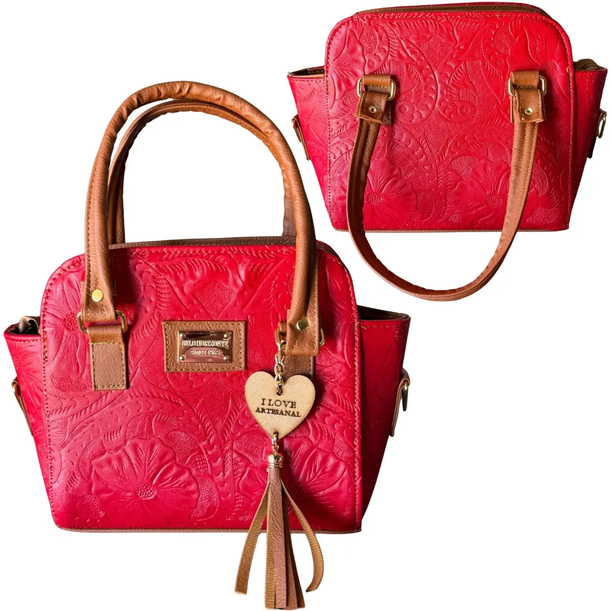 Clutch Bag with Floral Embroidery and "I Love Handcrafted" Charm