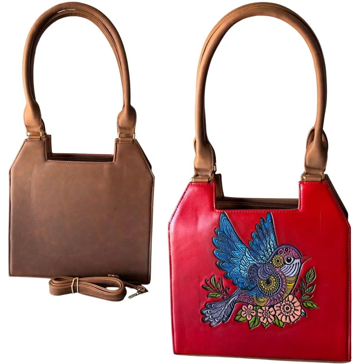 Hand-Brushed Vegan Leather Bag - Floral Design and Three Compartments