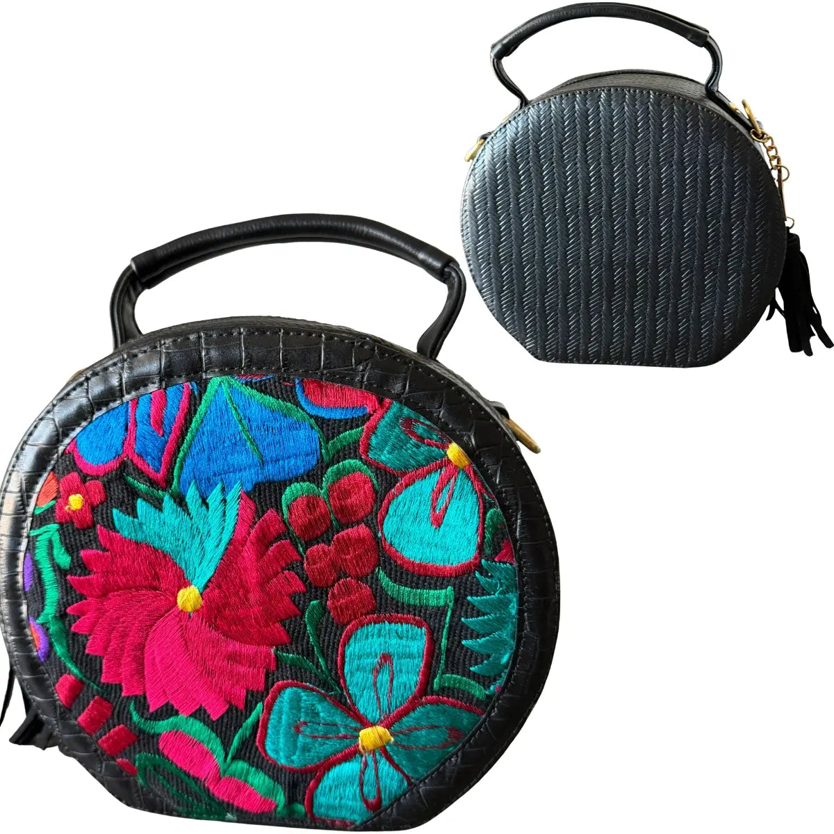 Handcrafted Round Leather Bag with Chiapanec Weaving