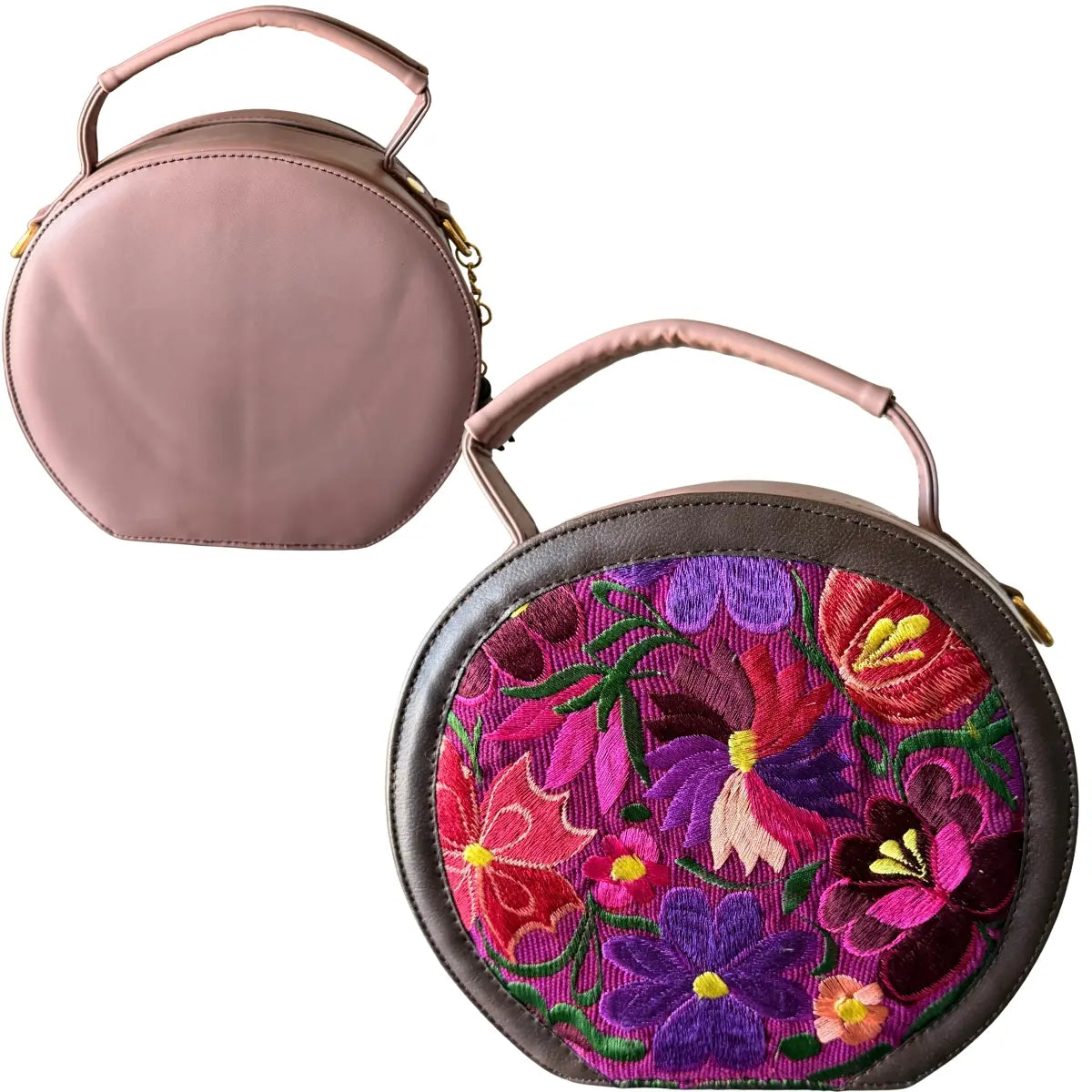 Handcrafted Round Leather Bag with Chiapanec Weaving