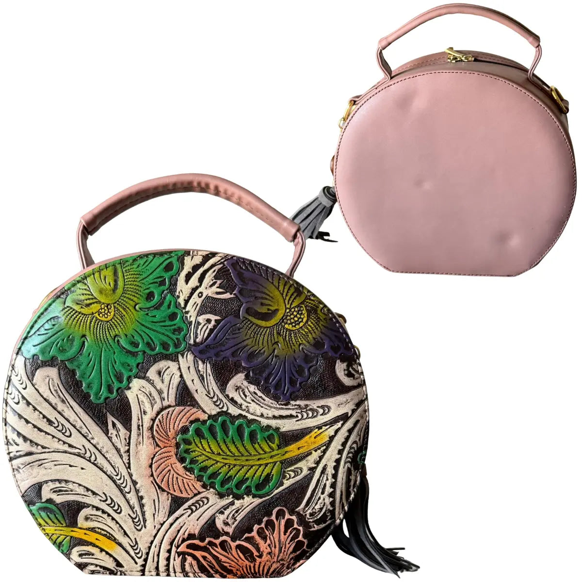 Handcrafted Round Leather Bag with Chiapanec Weaving