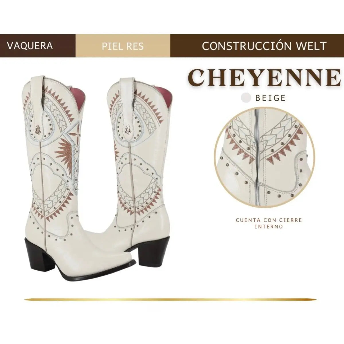 Cheyenne Cowboy Boots - Beige Cowhide Leather