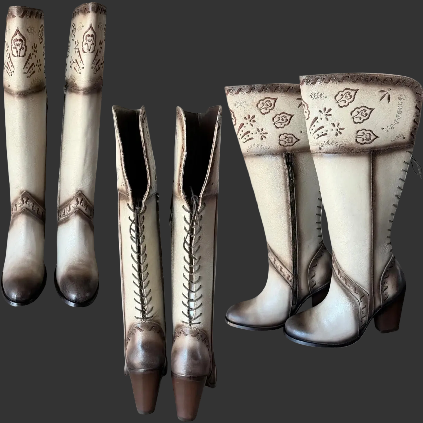 Show-Off Knee-High Boots - Beaver Brown with a Crackled Finish and belt