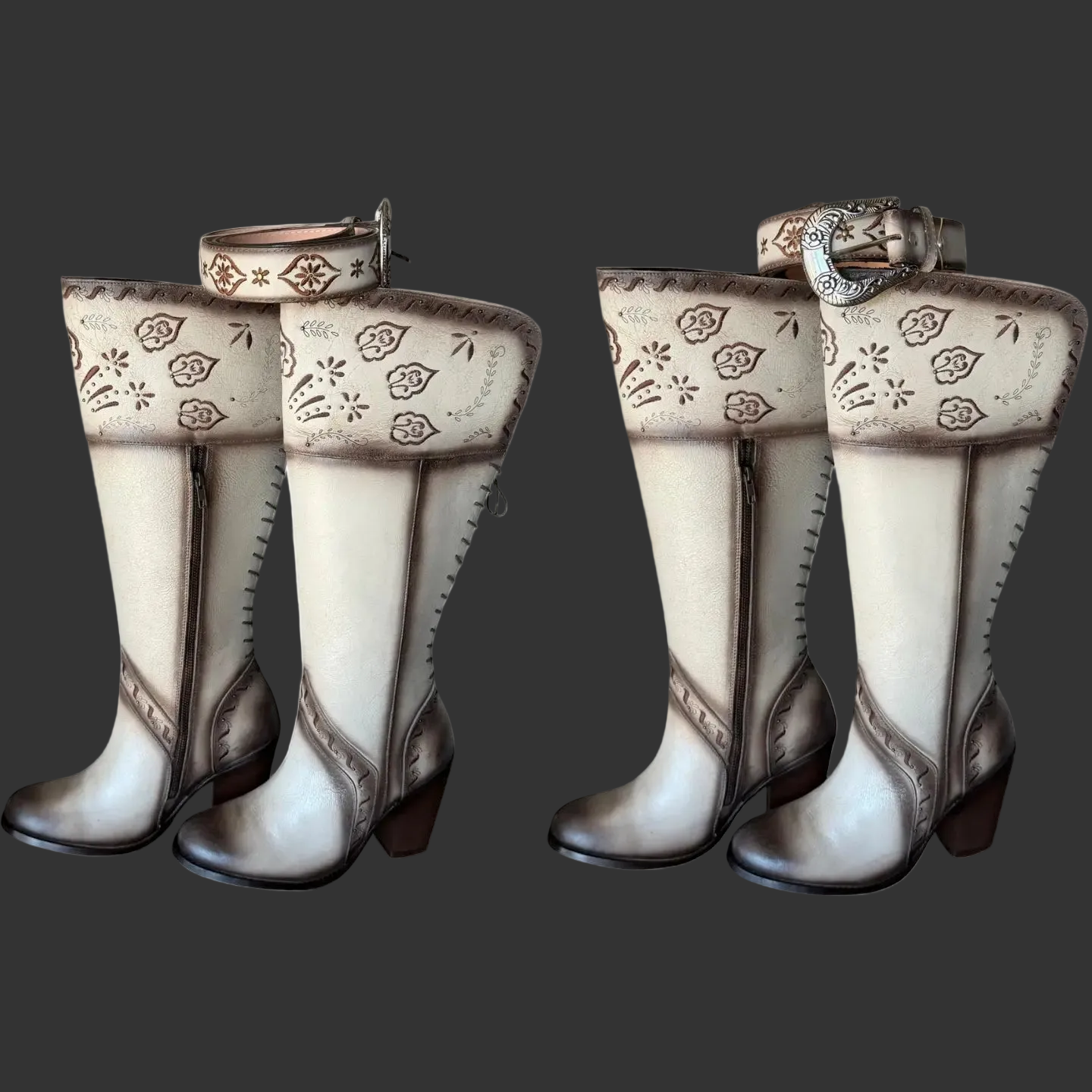 Show-Off Knee-High Boots - Beaver Brown with a Crackled Finish and belt
