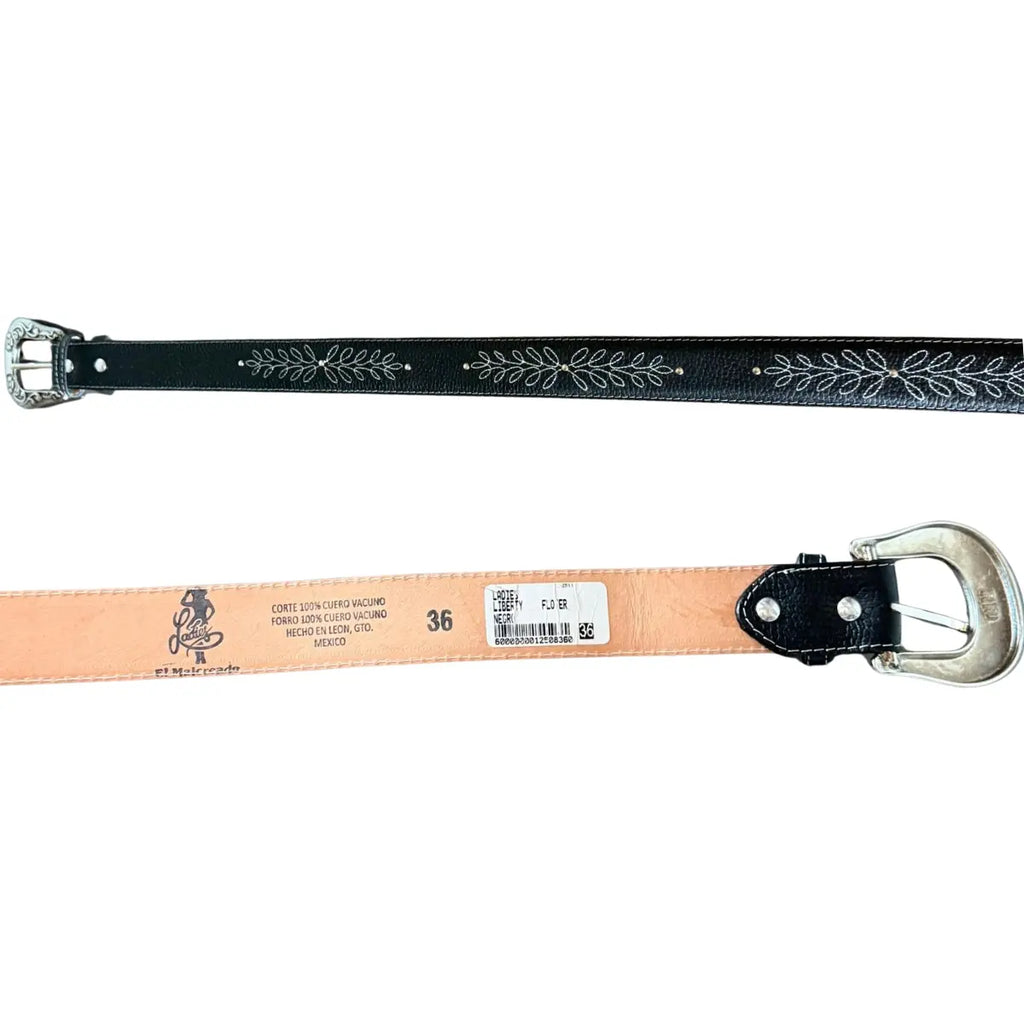 Malcreado Black Leather Belt with Multicolor Floral Embroidery