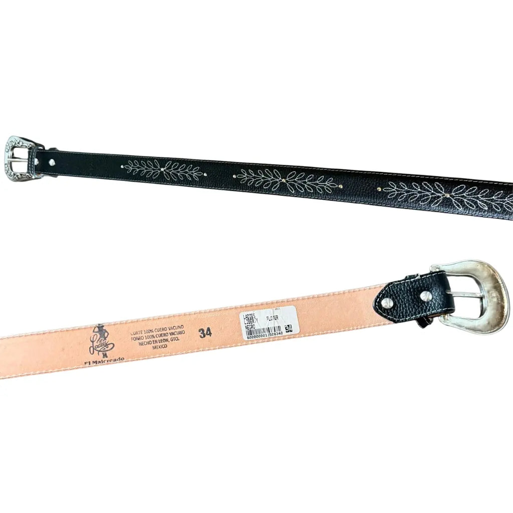 Malcreado Black Leather Belt with Multicolor Floral Embroidery