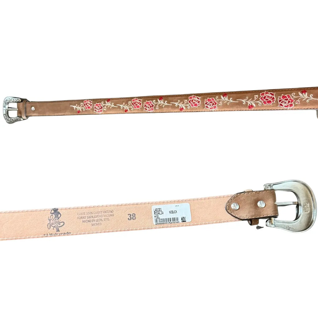 Malcreado Floral Embroidered Leather Belt - Elegant White & Grey Pattern
