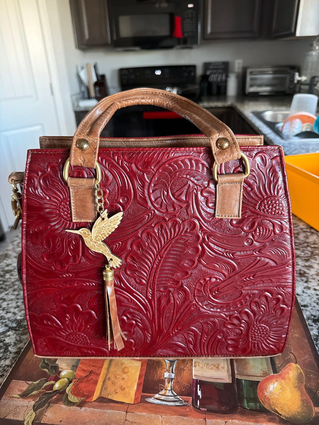 Colibrí — Hand-Tooled Floral Leather Satchel in Burgundy | Bolsa de Piel Genuina Tallada a Mano