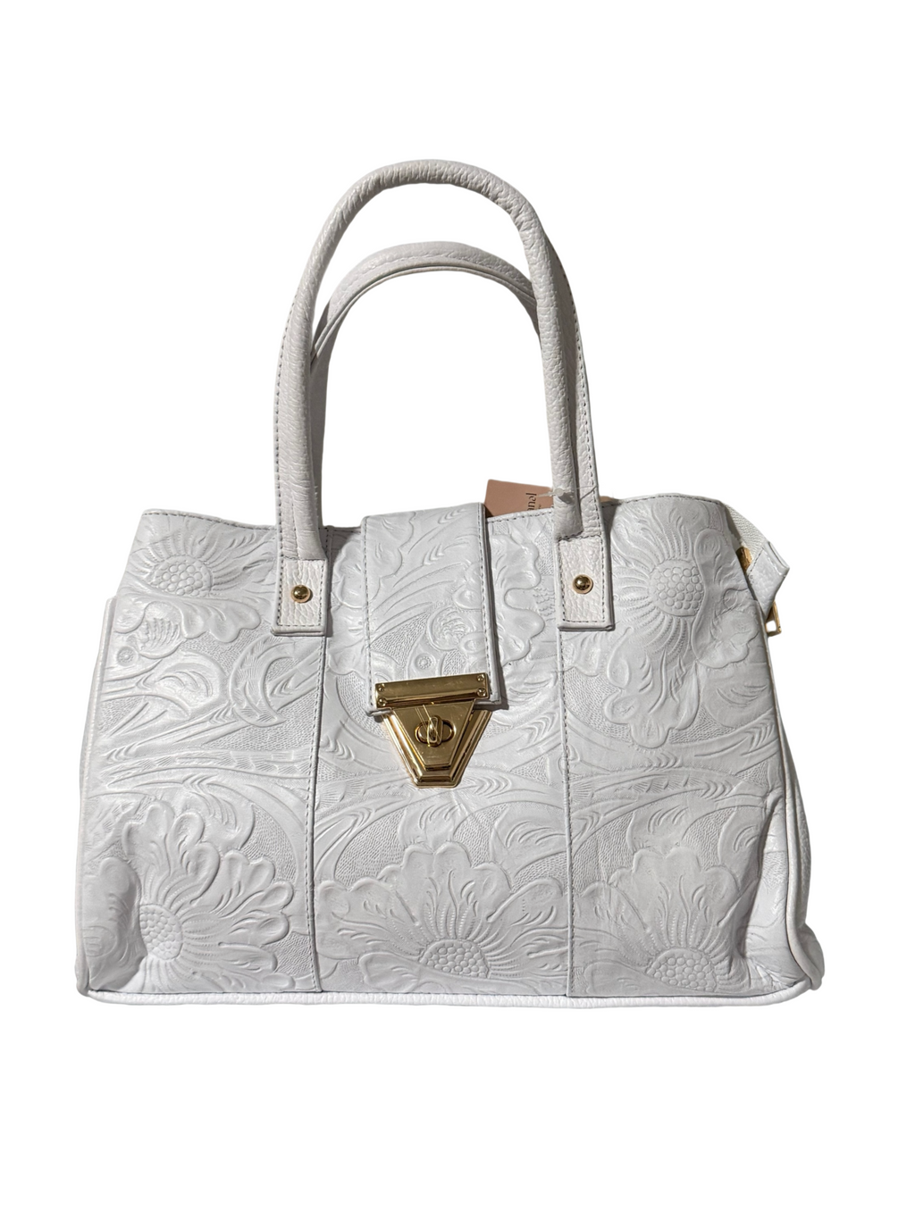 This white handbag is a leather piece featuring an intricate floral embossed design and a polished gold-tone clasp.