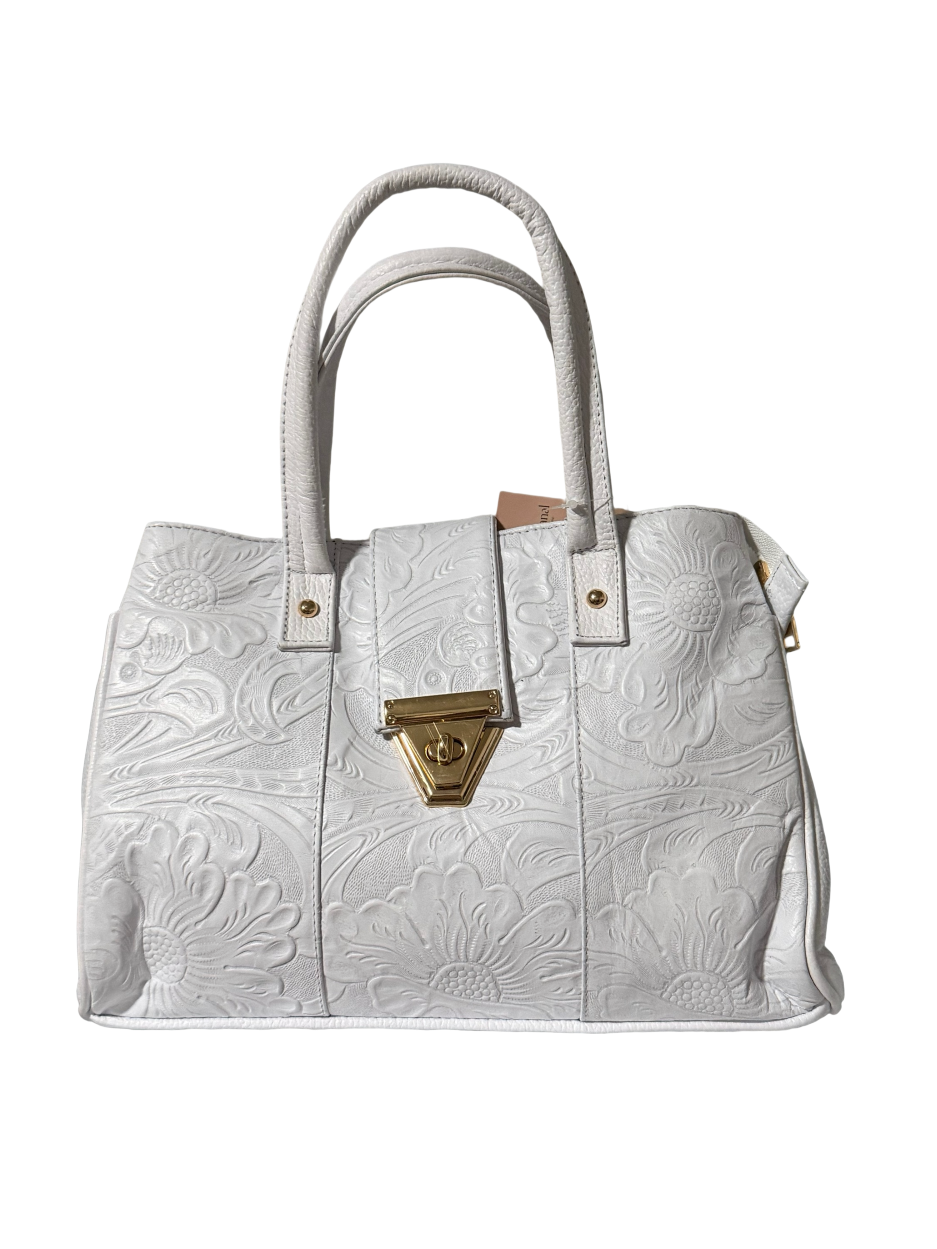 This white handbag is a leather piece featuring an intricate floral embossed design and a polished gold-tone clasp.