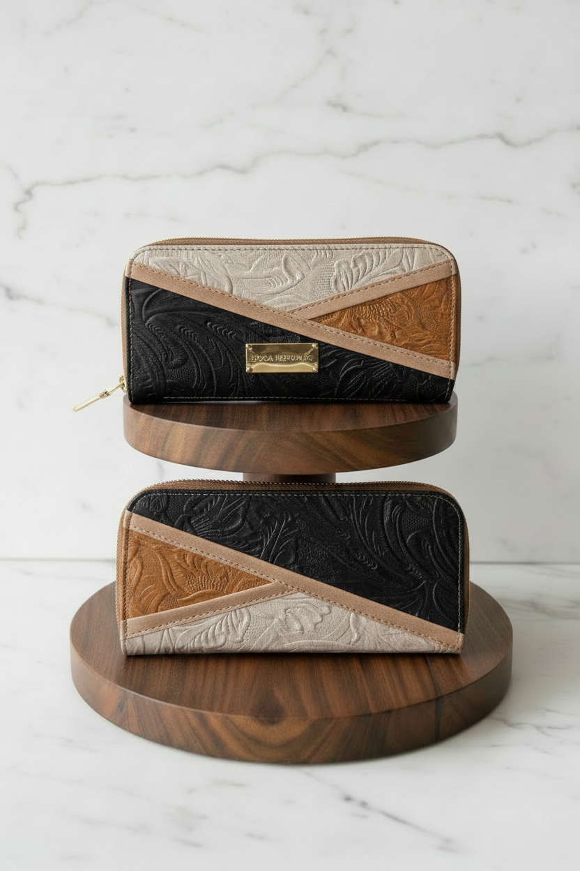 Billetera patchwork negro beige cognac en discos de madera con mármol