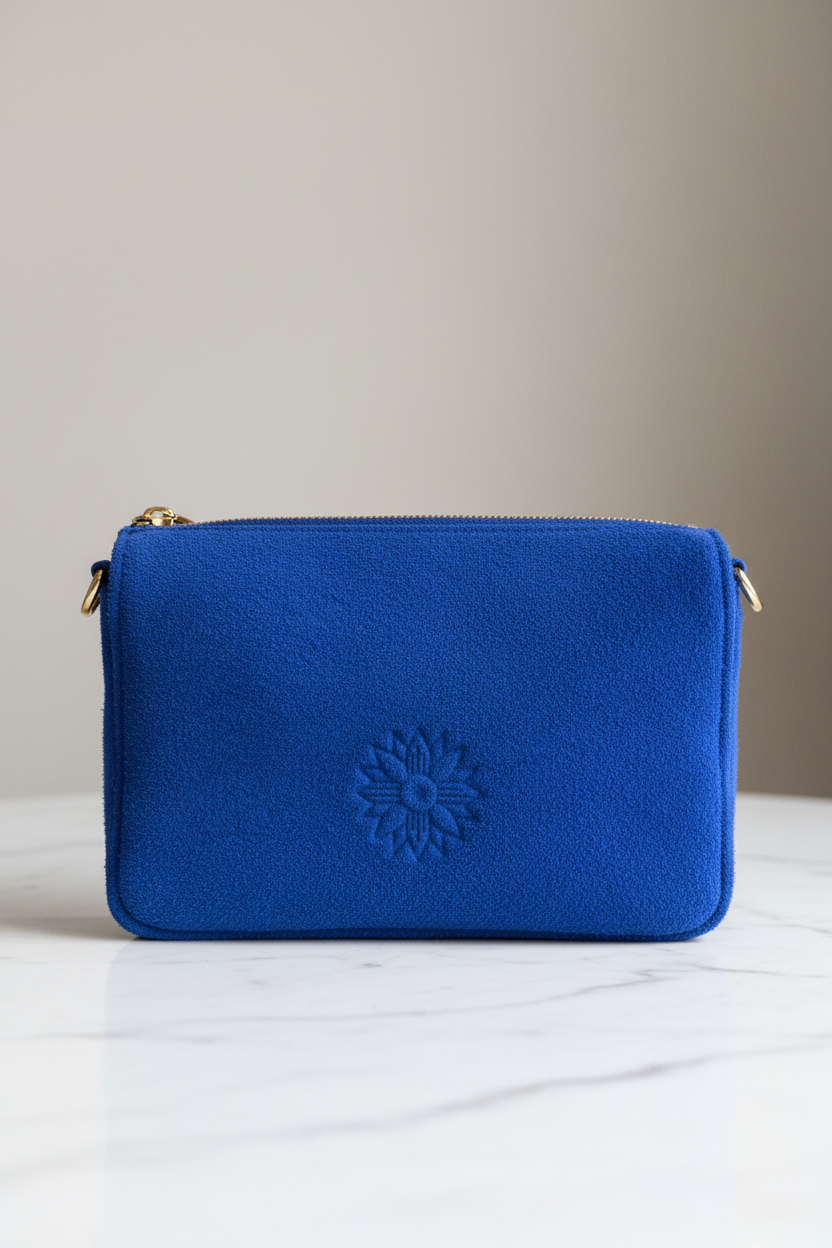 Bolsa azul rey de frente en mármol blanco